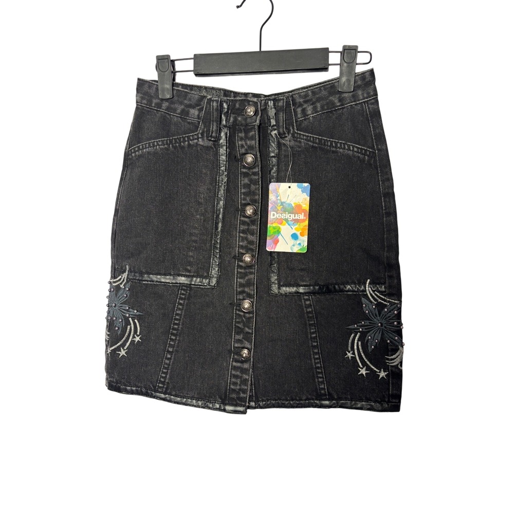 Desigual Denim Mini Skirt 24 Black Embroidered Beaded Boho READ